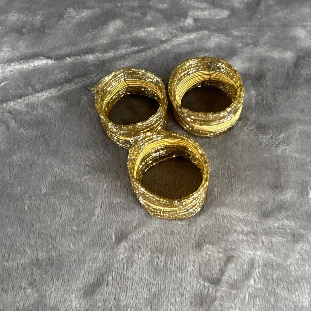 Pier 1 Imports Gold‎ Beaded Napkin Rings Set of 7 Metallic Holiday Table Decor